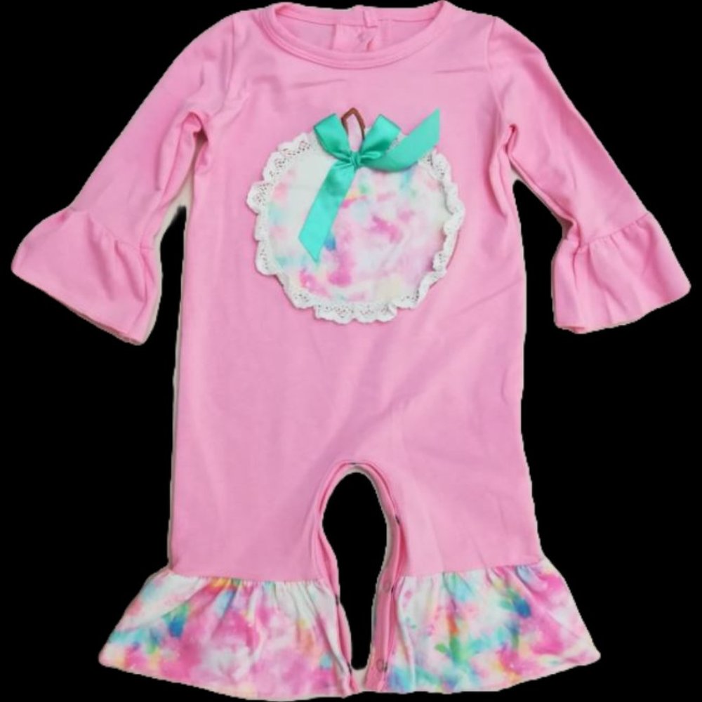 TIE-DYE APPLIQUE PINK RUFFLED ROMPER